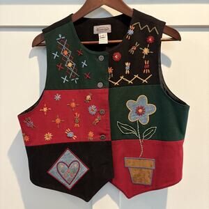 Vintage Stonebridge Vest Womens Petite Medium Wool‎ Embroidered Floral Patchwork